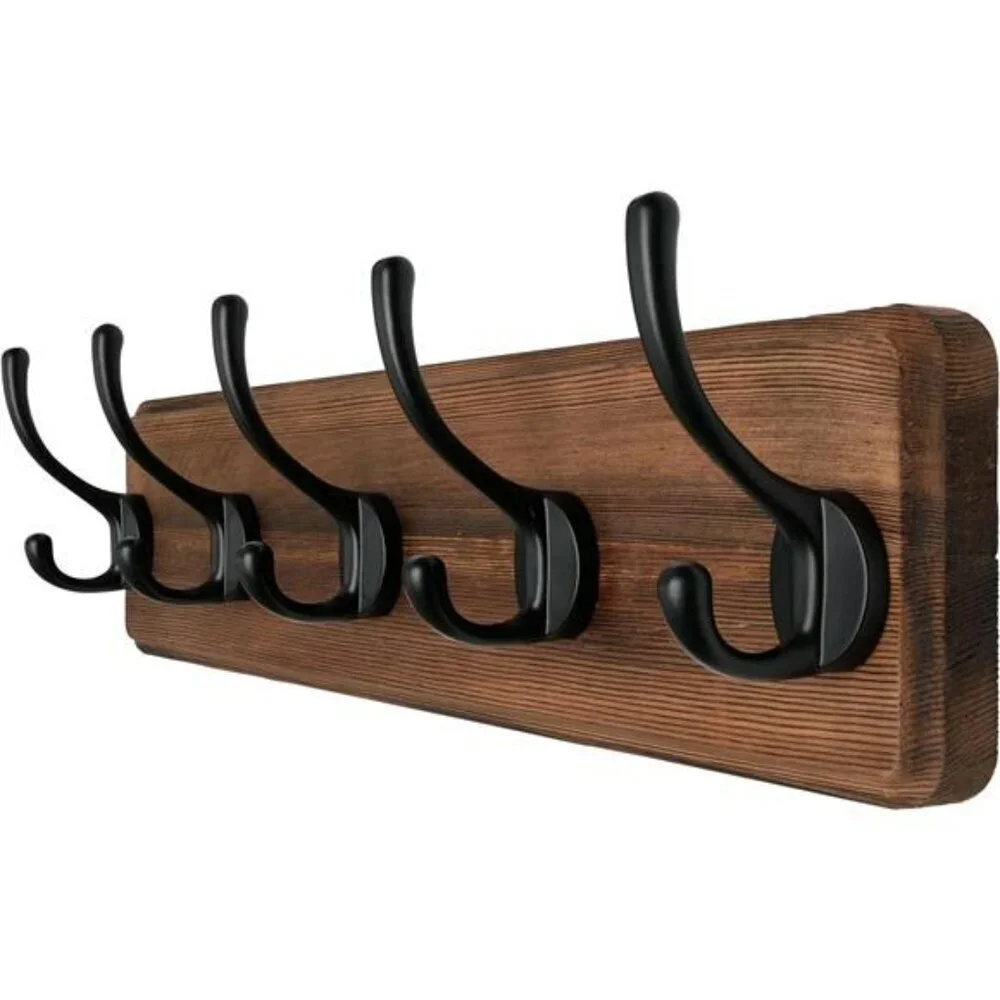 Wall Mounted Coat Rack Wood 5 Hook Heavy Duty Entryway Hat Towel Hanger